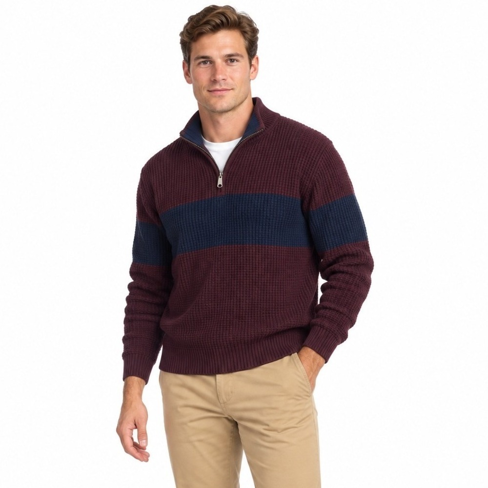 J.Crew Cotton Waffle Quarter Zip Sweater L Burgundy Navy Preppy Rugby Stripe